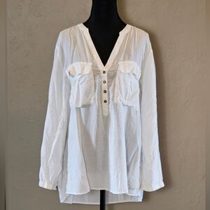 [GAP] White Long Sleeve 1/2 Button Down  V-Neck Blouse《XL》Semi Sheer